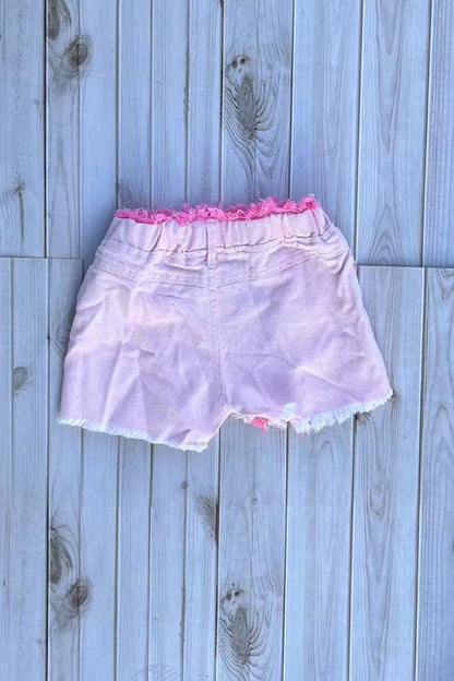 Casual girls pink distressed ripped denim shorts 251298M