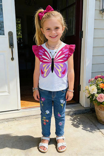 Butterfly printed top & flower embroidery denim jeans 2pc girls set 251299M