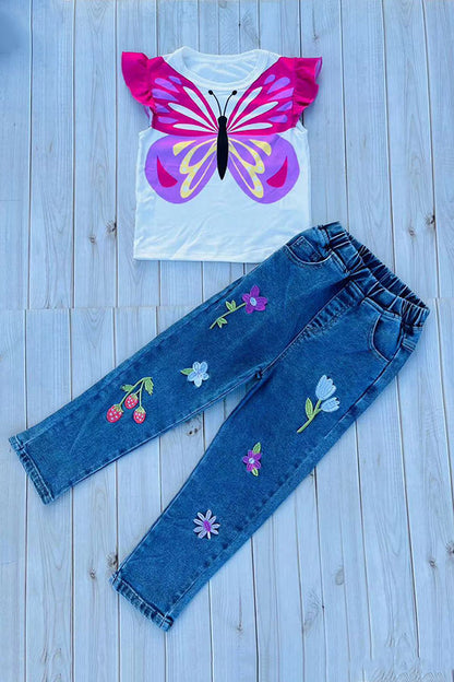 Butterfly printed top & flower embroidery denim jeans 2pc girls set 251299M