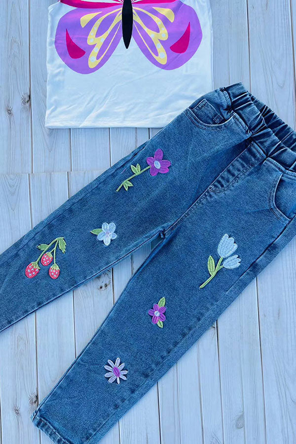 Butterfly printed top & flower embroidery denim jeans 2pc girls set 251299M