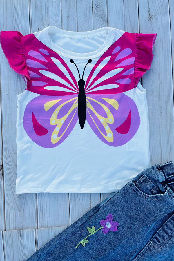 Butterfly printed top & flower embroidery denim jeans 2pc girls set 251299M