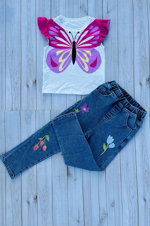 Butterfly printed top & flower embroidery denim jeans 2pc girls set 251299M