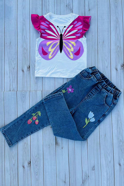 Butterfly printed top & flower embroidery denim jeans 2pc girls set 251299M