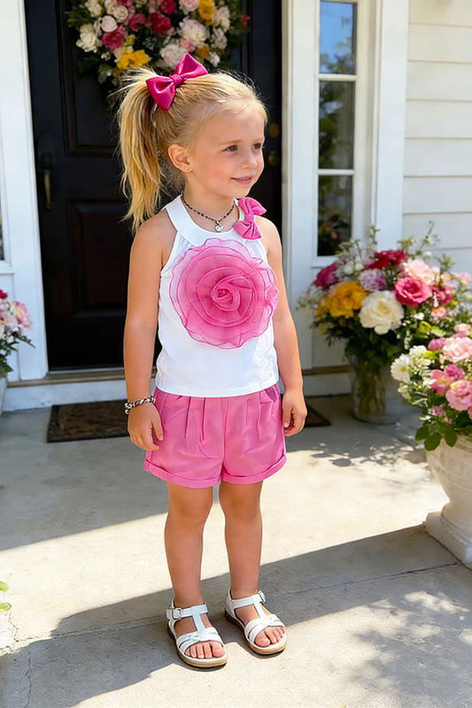 Chest rosette halter top & pink shorts 2pc girls set 251300M