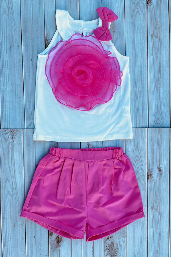 Chest rosette halter top & pink shorts 2pc girls set 251300M