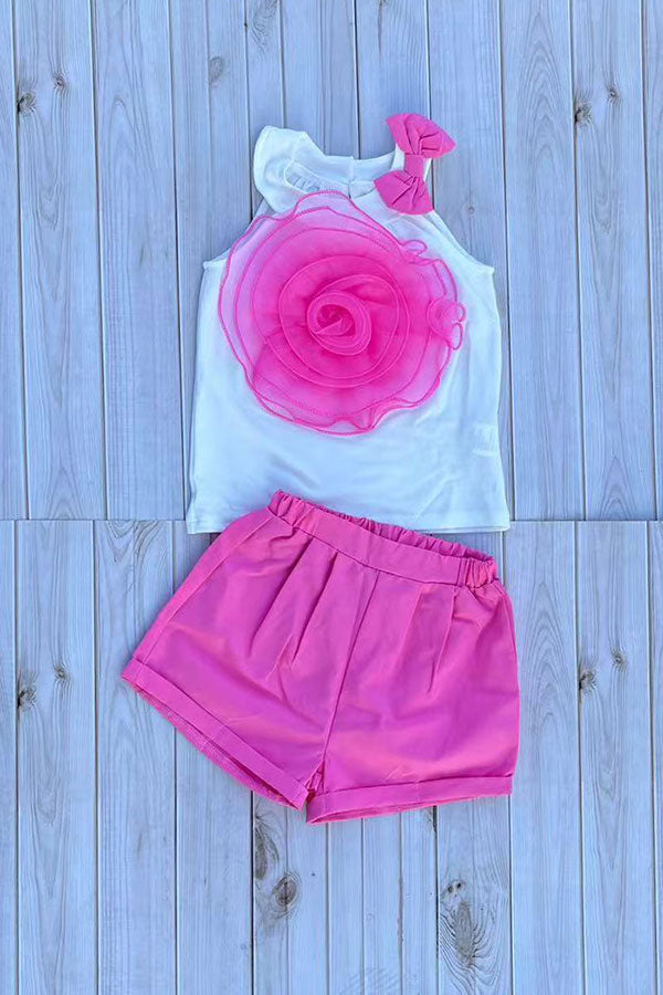 Chest rosette halter top & pink shorts 2pc girls set 251300M