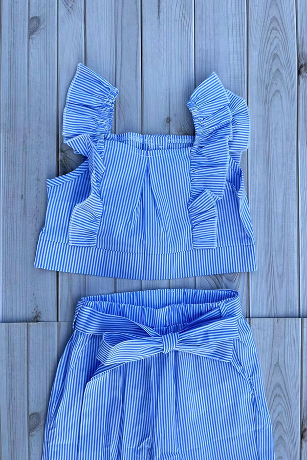 Cropped blue striped top & pant & belt girls sets 251301M