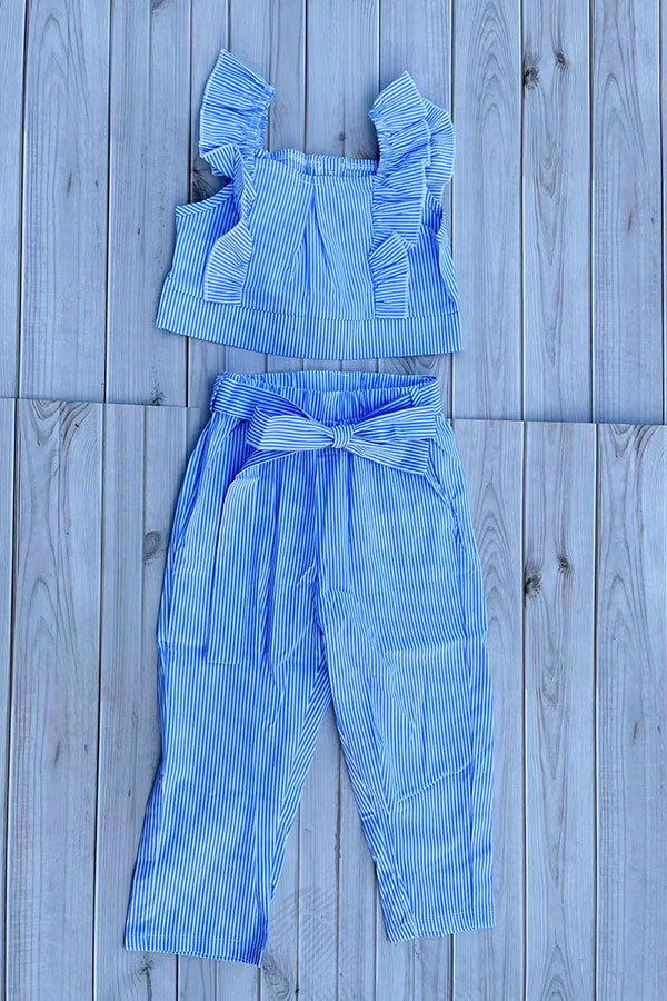 Cropped blue striped top & pant & belt girls sets 251301M