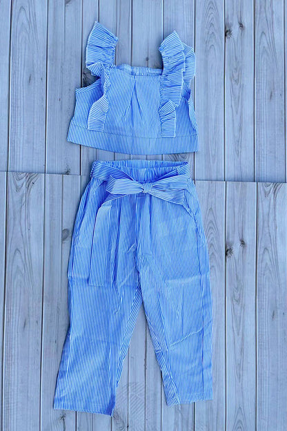 Cropped blue striped top & pant & belt girls sets 251301M