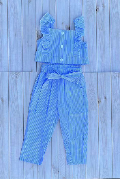 Cropped blue striped top & pant & belt girls sets 251301M