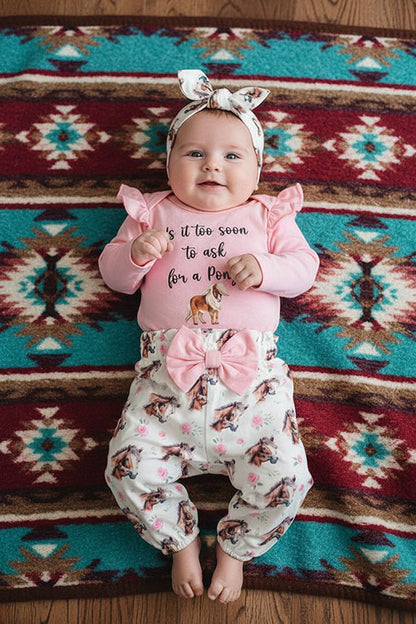 Pony pink long sleeve romper & pant 3pc baby girls sets w/headband 251302M