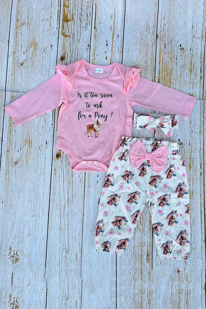 Pony pink long sleeve romper & pant 3pc baby girls sets w/headband 251302M