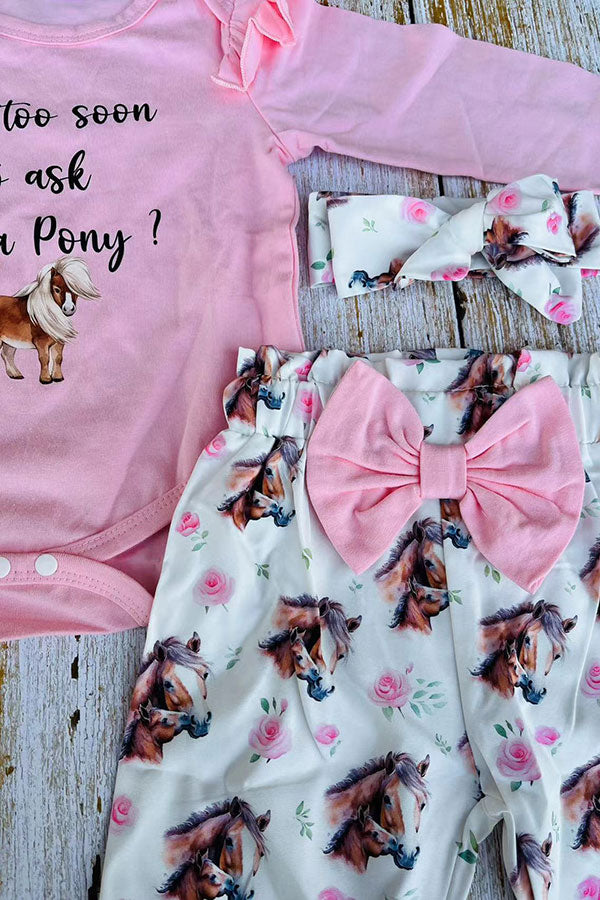 Pony pink long sleeve romper & pant 3pc baby girls sets w/headband 251302M