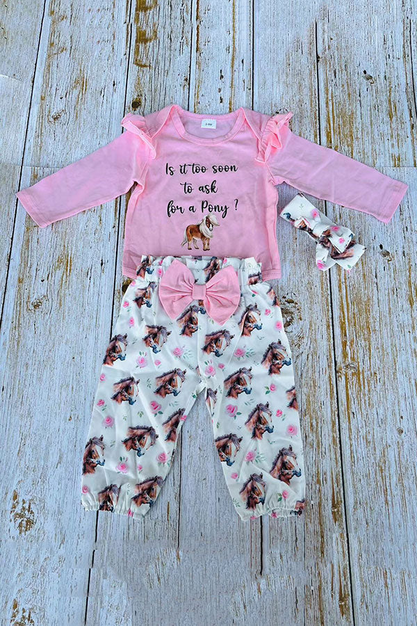 Pony pink long sleeve romper & pant 3pc baby girls sets w/headband 251302M