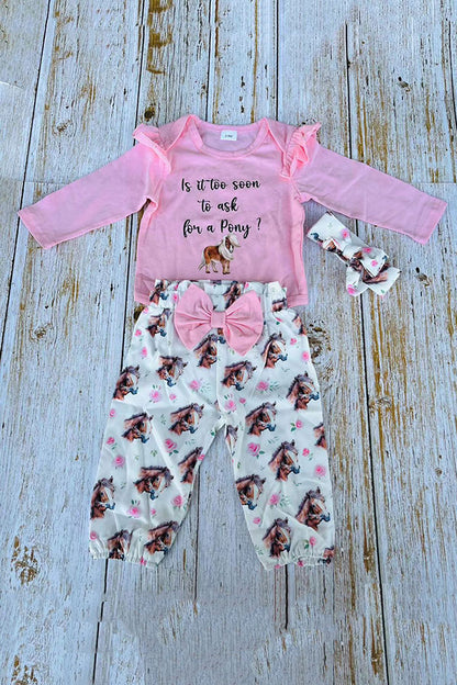 Pony pink long sleeve romper & pant 3pc baby girls sets w/headband 251302M