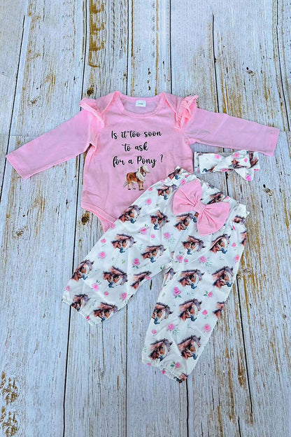 Pony pink long sleeve romper & pant 3pc baby girls sets w/headband 251302M