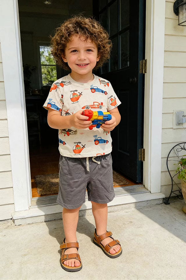 Summer helicopter printed top & grey shorts 2pc boy's set 251306M