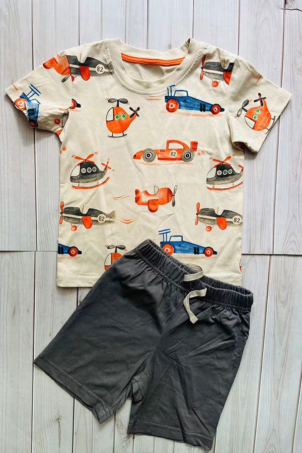 Summer helicopter printed top & grey shorts 2pc boy's set 251306M