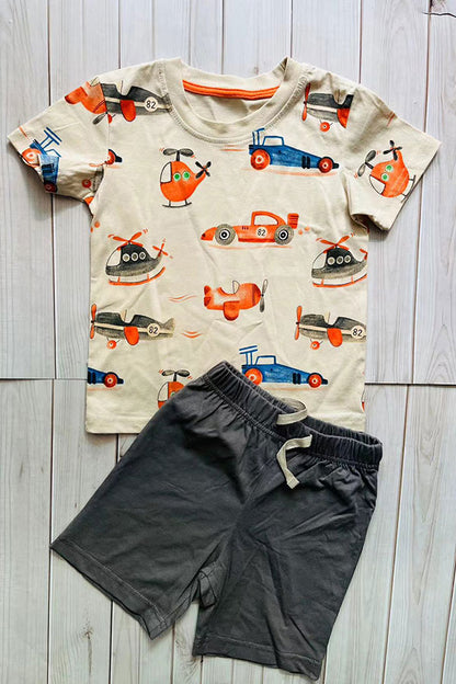 Summer helicopter printed top & grey shorts 2pc boy's set 251306M