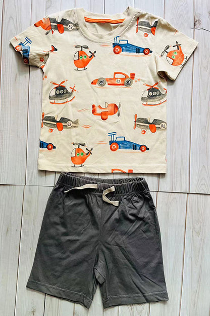 Summer helicopter printed top & grey shorts 2pc boy's set 251306M