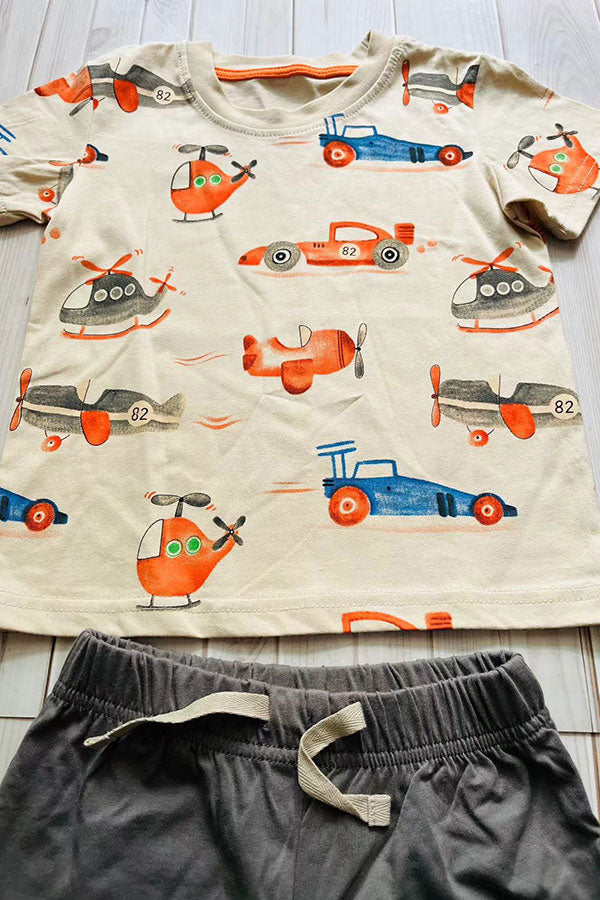 Summer helicopter printed top & grey shorts 2pc boy's set 251306M