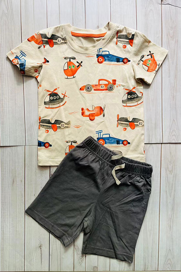 Summer helicopter printed top & grey shorts 2pc boy's set 251306M