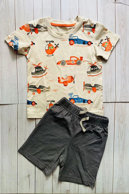 Summer helicopter printed top & grey shorts 2pc boy's set 251306M