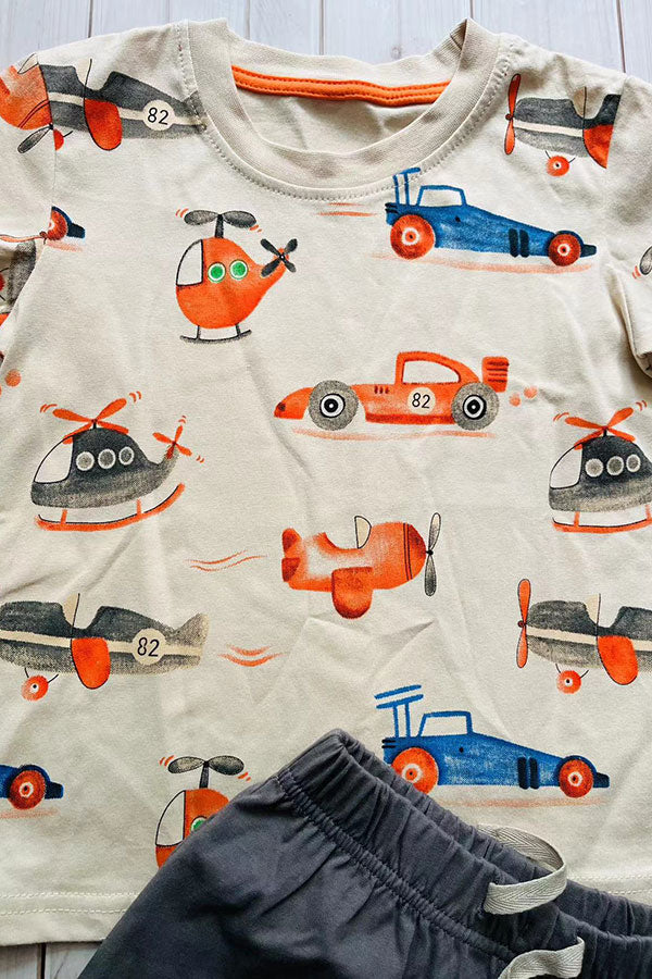 Summer helicopter printed top & grey shorts 2pc boy's set 251306M