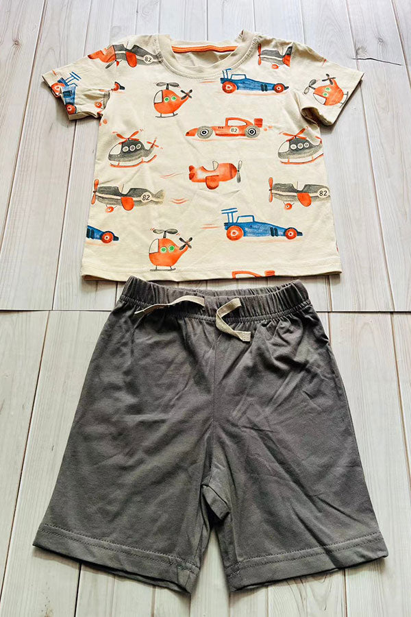 Summer helicopter printed top & grey shorts 2pc boy's set 251306M