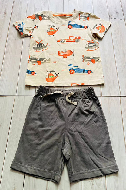 Summer helicopter printed top & grey shorts 2pc boy's set 251306M