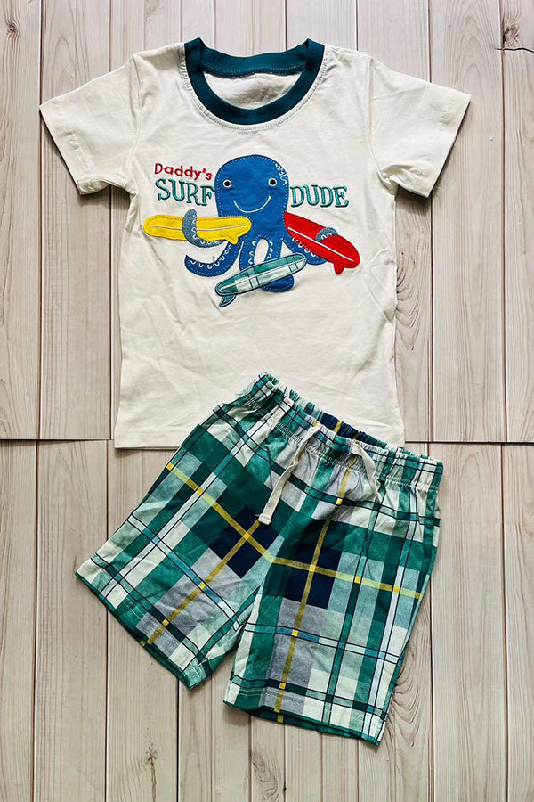 Octopus patch white top & green checkered shorts 2pc boy's set 251307M