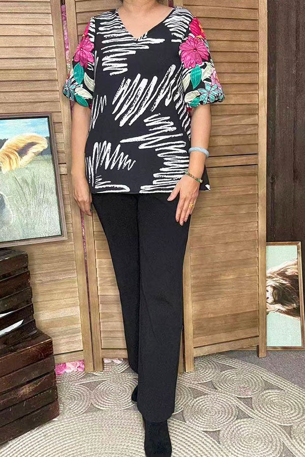 Western flower embroidery puff short sleeve women's boutique top XCH16778