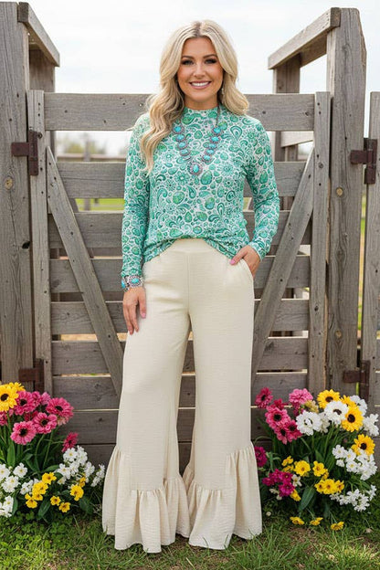 Southern Stitch Turquoise & Green paisley floral sheer women's top XCH17163