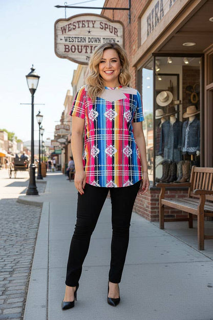 Western women t-shirt suppliers Serape/Aztec printed short sleeve top XCH11466
