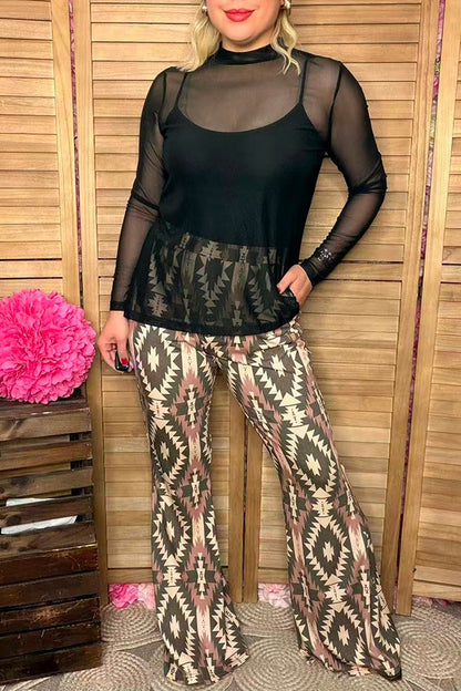 Western solid black sheer long sleeve women's boutique top Southern Stitch XCH17060