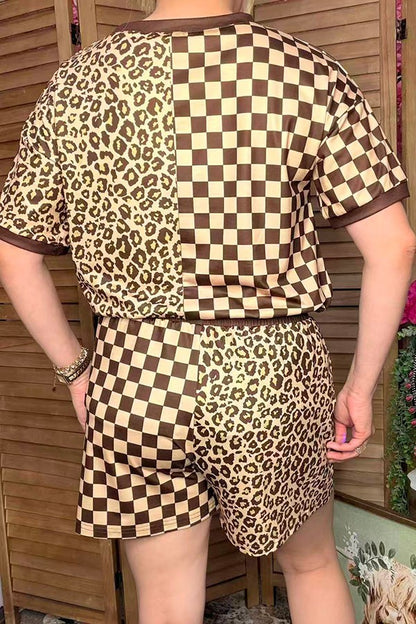 Western leopard & checkered shorts 2pc women boutique set Southern Stitch XCH17029