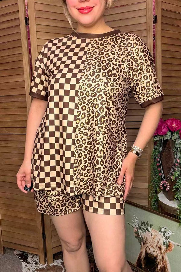 Western leopard & checkered shorts 2pc women boutique set Southern Stitch XCH17029