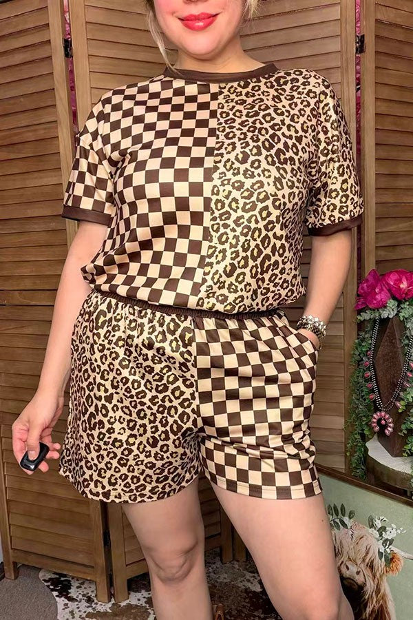 Western leopard & checkered shorts 2pc women boutique set Southern Stitch XCH17029