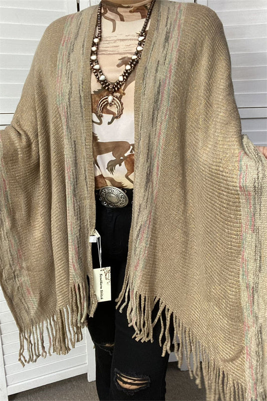 TTY11096 Khaki &multi color shawl w/tassels&fringe for women knitted fabric