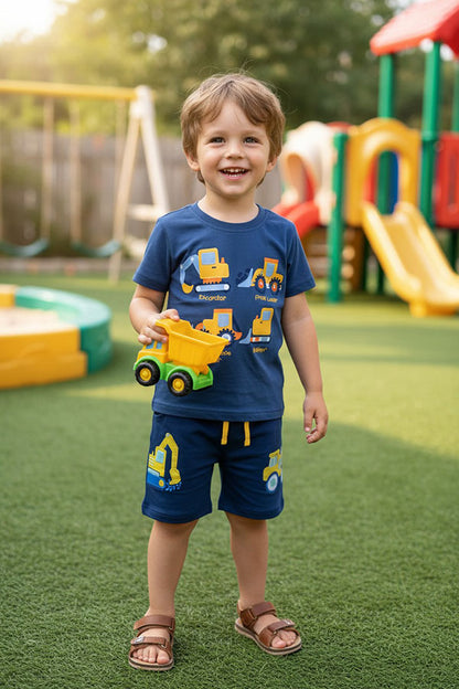 Construction truck printed blue top & embroidery shorts 2pc boy's set 2601004M