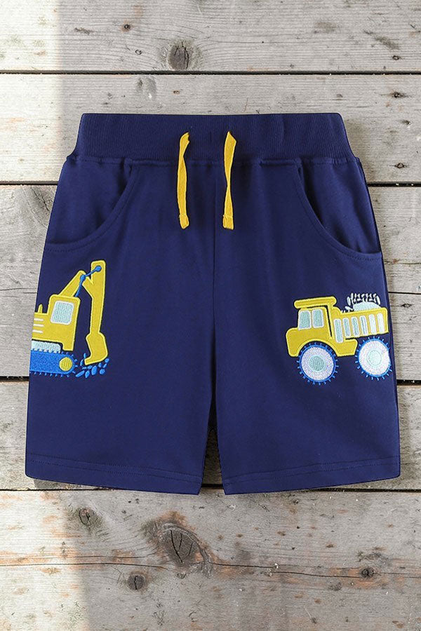 Construction truck printed blue top & embroidery shorts 2pc boy's set 2601004M