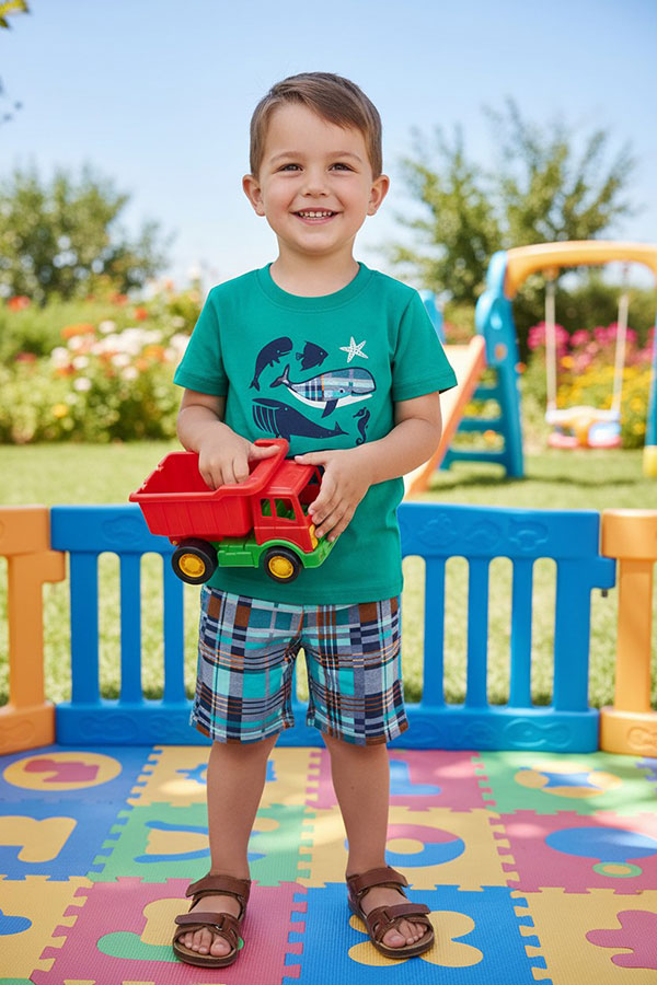 Cute whale printed green short sleeves top & plaid shorts 2pc boy's set 2601005M