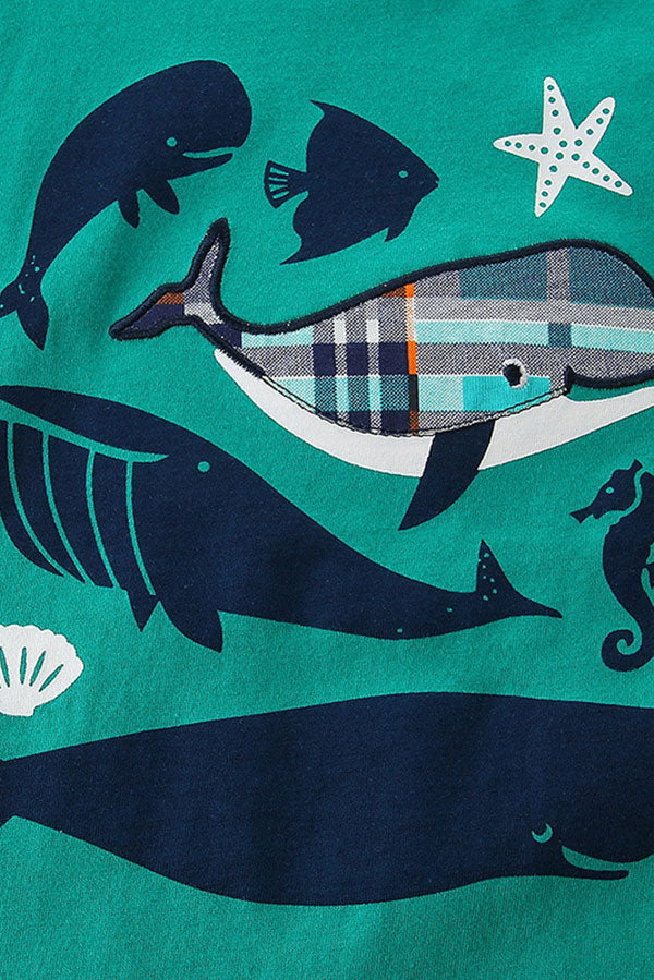 Cute whale printed green short sleeves top & plaid shorts 2pc boy's set 2601005M