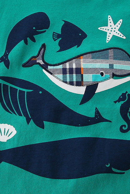 Cute whale printed green short sleeves top & plaid shorts 2pc boy's set 2601005M