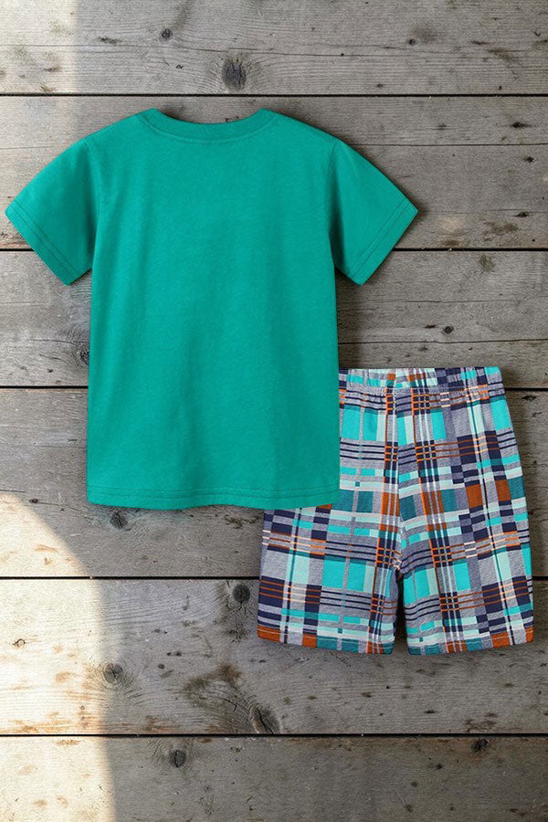 Cute whale printed green short sleeves top & plaid shorts 2pc boy's set 2601005M