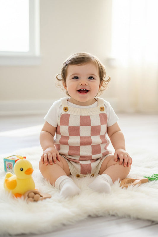 Pink Checkered knitted adjustable sweater infant baby onesies 2601006M