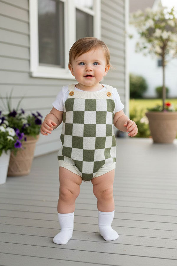 Light green checkered knitted adjustable sweater infant baby onesies 2601008M