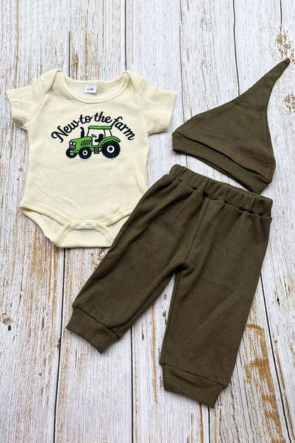 New to the farm & tractor embroidery romper & pant & hat 3pc baby sets 2601009M