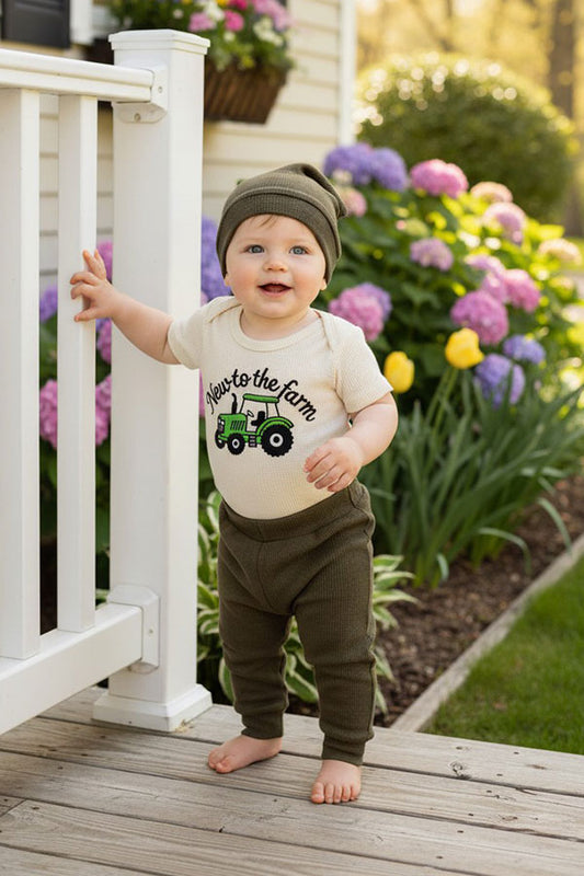 New to the farm & tractor embroidery romper & pant & hat 3pc baby sets 251289M