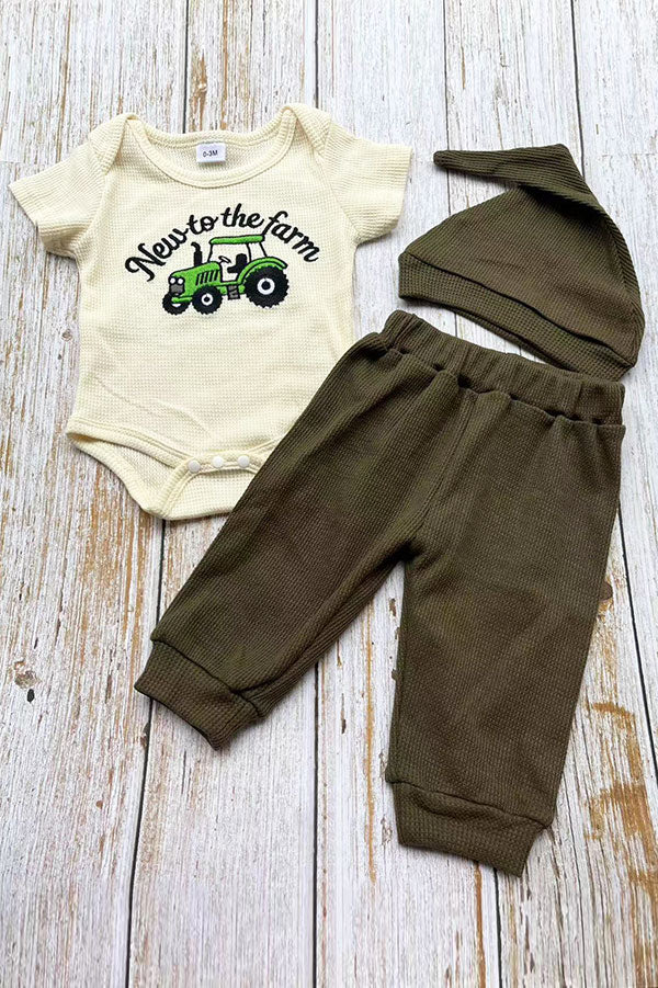 New to the farm & tractor embroidery romper & pant & hat 3pc baby sets 2601009M